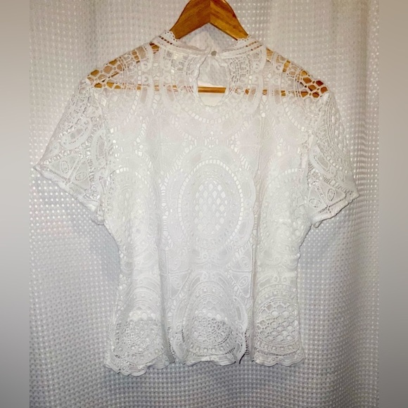 Women Ultra Pink short sleeves all over lace crochet scallop hem white top Sz XL - Picture 9 of 10